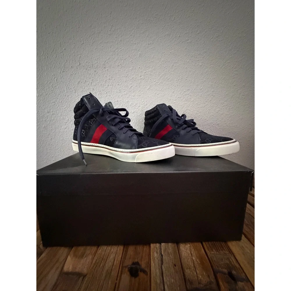 Gucci High Top Sneakers Size 8 Navy Blue GG Monogram Web Stripe 221825